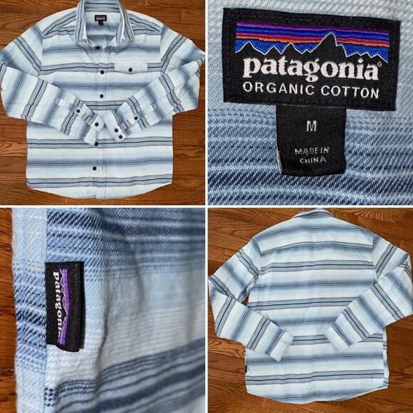 Patagonia $89 Fjord Organic Cotton Flannel Blue Stripe Mens MED EUC - Picture 1 of 9